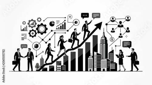 A black and white graphic depicting business professionals climbing a graph