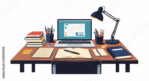 A cluttered desk with a laptop, books, and stationery