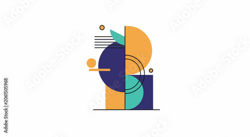 A colorful abstract composition features geometric shapes in orange, blue, and green