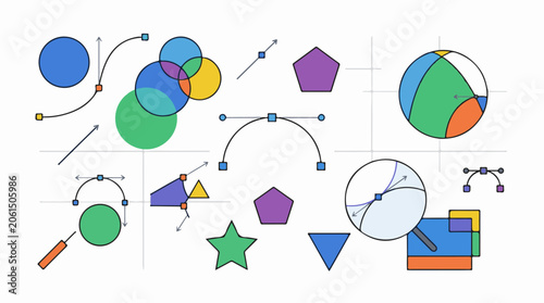 A colorful arrangement of geometric shapes and diagrams on a grid background