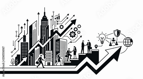 A black and white illustration of a cityscape with people and various business-related symbols