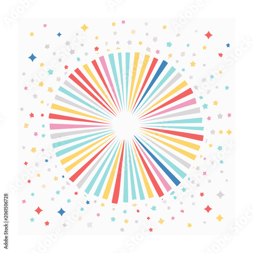 Colorful radial burst with stars and confetti on white