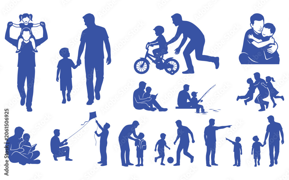 Fototapeta premium Collection of blue silhouette illustrations depicting various father and child interactions and activities together isolated on white background