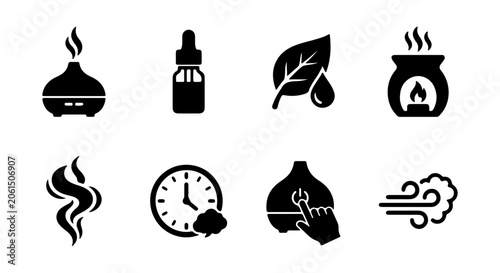 Photos Aromatherapy Essential Oil Diffuser Icons, Wellness and Spa Vector Set, Home Fra