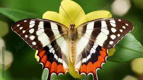 Colorful butterfly with black white and orange wings rests on a bright yellow flower against green leaves in natural garden setting.