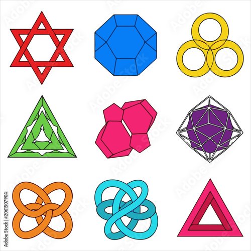 Collection of geometric shapes and abstract symbols including star of david crystal structures and celtic knots in flat vector illustration style isolated on white