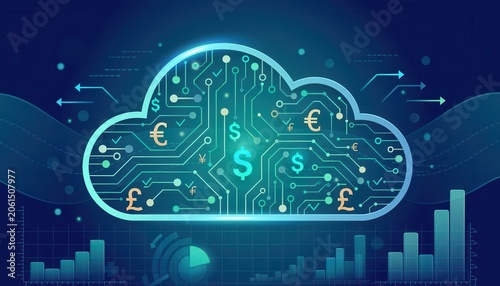 Cloud computing platform cost efficiency concept. Cloud computing concept with digital currency and financial data graphs