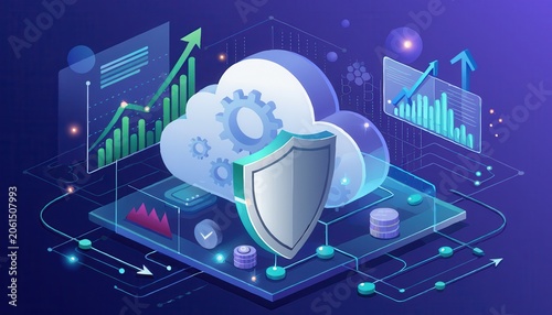 Cloud computing platform cost efficiency concept. Cloud computing security with data protection and analytics graphs illustration