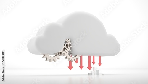 Cloud computing platform cost efficiency concept. Cloud computing concept with gears and arrows above cityscape illustration