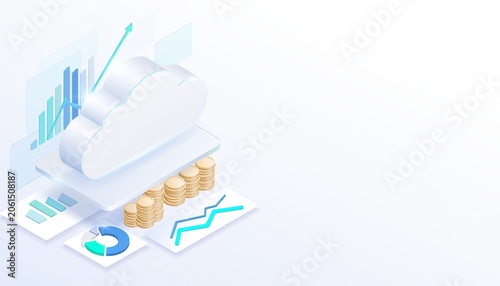 Cloud computing platform cost efficiency concept. Cloud computing with financial graphs and data analysis icons in blue tones