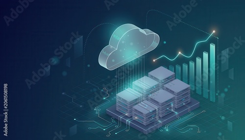 Cloud computing platform cost efficiency concept. Digital cloud computing with data storage and analytics concept illustration