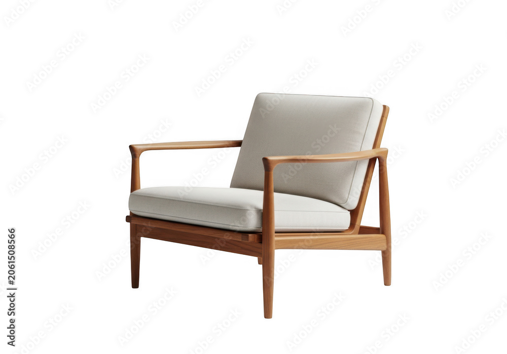 Fototapeta premium Modern light gray armchair with wooden frame in neutral setting