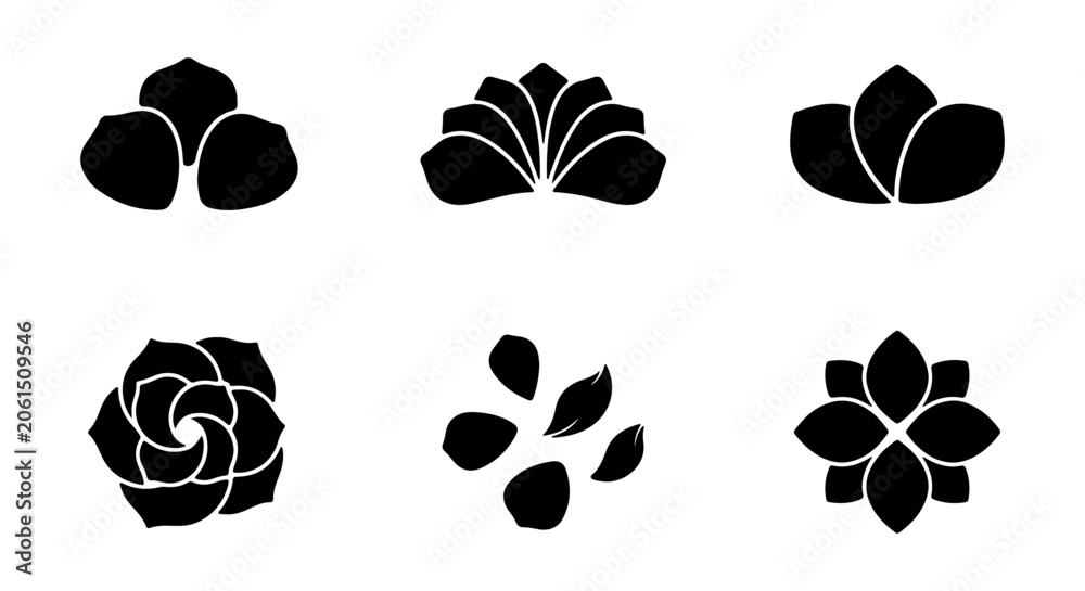 Fototapeta premium Black Silhouette Succulent Icons, Minimalist Plant Graphics, Organic Floral Vector Set