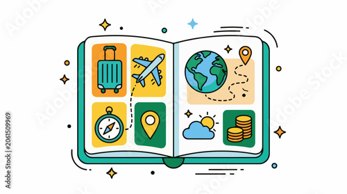 A stylized illustration of an open book with travel-related icons