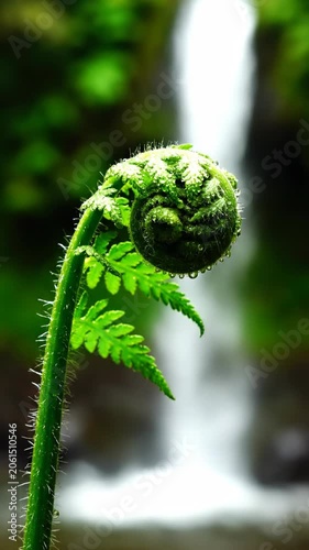 Fresh green fern bud close up with dew in natural light