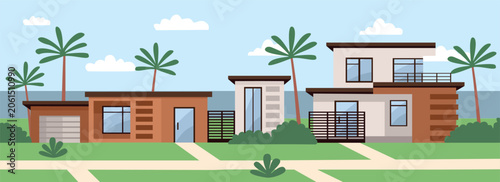 Modern Beach Houses with Palm Trees Illustration. Premium Vacation Villa. Modern Tropical Resort Villa Exterior.