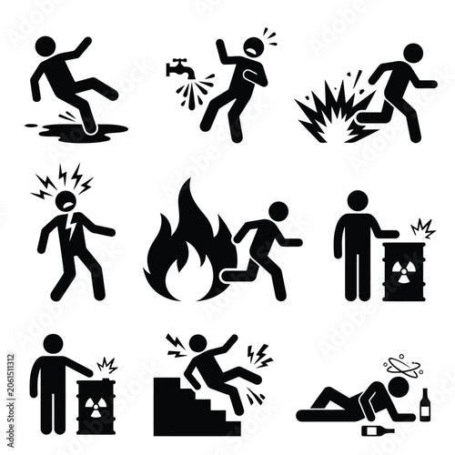 Set of stick figure icons representing various workplace accidents