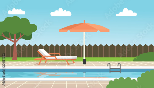Backyard Swimming Pool with Lounge Chair and Umbrella. Private Swimming Pool. Outdoor Pool. Relaxing Poolside Retreat.