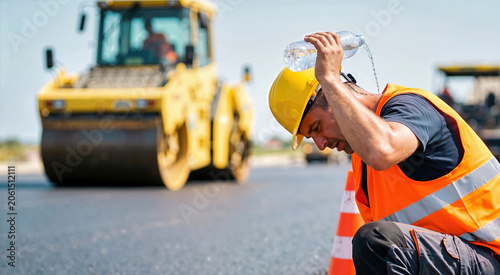 Construction worker pouring water over his head to cool down. Male laborer in yellow hard hat and orange vest kneeling on asphalt. Heat impact and extreme summer weather concept