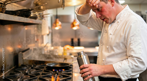 Overheated chef wiping sweat from his forehead in a commercial kitchen. Male cook with reddened face holding a water bottle near a hot stove. Heat impact in culinary workplace