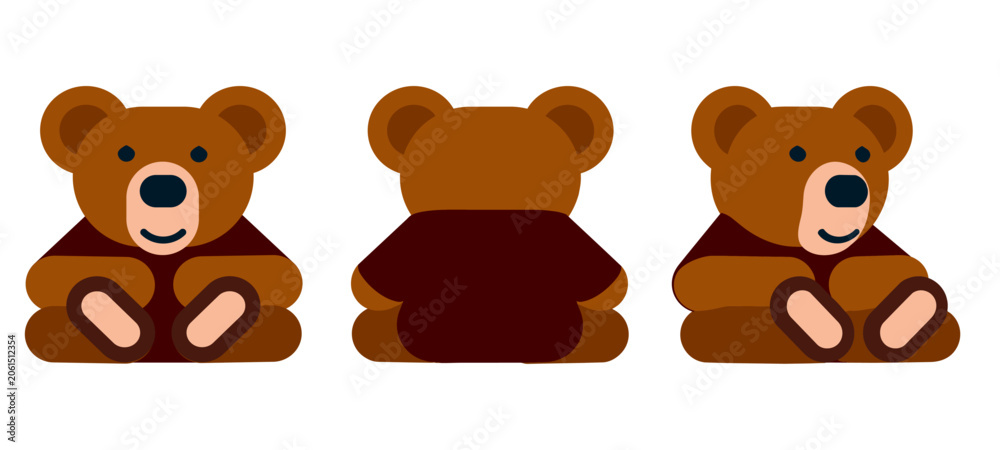 Fototapeta premium Three Views of a Teddy Bear: A charming illustration depicts a teddy bear from front, back, and side, showcasing its simple design and friendly demeanor.