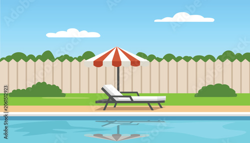 Swimming Pool with Lounge Chair and Umbrella. Outdoor Pool. Summer holiday. Resort swimming pool area. Backyard Swimming Pool.