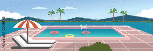 Obraz na plátně Swimming Pool with Lounge Chairs and Umbrella