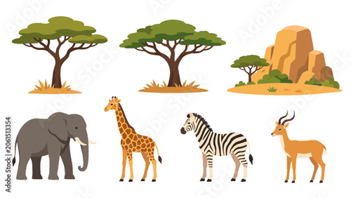 Photography African savanna animals and trees cartoon vector set