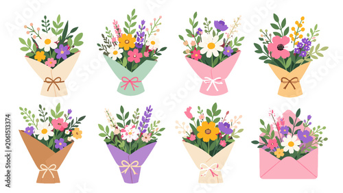 Bild auf Leinwand Set of colorful flower bouquets and floral envelope vectors