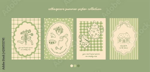 Summer cottagecore poster collection. Summer countryside life aesthetic cards. Grandmillenial vibes. Cute spring easter set. Summer tea garden party, summer picnic invitations template. Hand drawn set