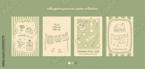 Summer cottagecore poster collection. Summer countryside life aesthetic cards. Grandmillenial vibes. Cute spring easter set. Summer tea garden party, summer picnic invitations template. Hand drawn set