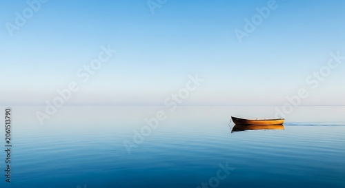 Serene wooden boat on calm blue waters under clear sky