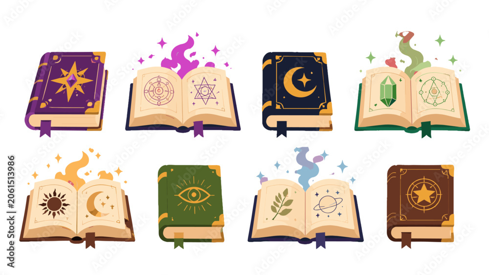 Obraz premium Set of magical spell books and open grimoires in flat vector style