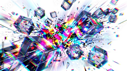 Abstract 3d geometric cubes background with colorful glitch effect and neon light explosion on white background