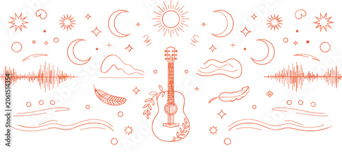 A serene illustration features a guitar surrounded by celestial elements and sound waves in a peaceful environment.