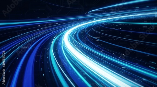 Abstract high speed light trails on dark blue background representing digital data transfer and fiber optic technology