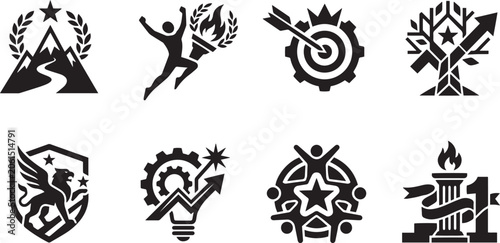 Business Growth, Education, and Leadership Icon Set: Corporate Strategy, Innovation, and Academic Success Symbols