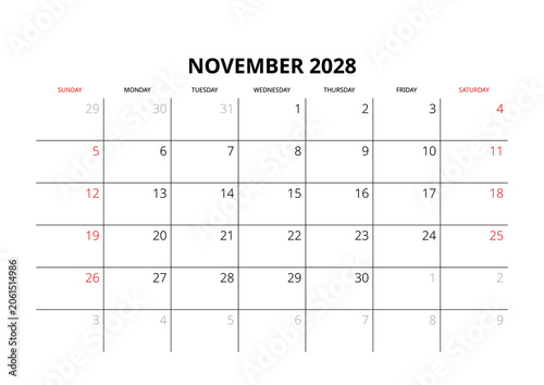 November 2028 English Professional Monthly Calendar Template Minimalist Corporate Planner Grid