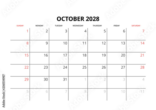 October 2028 English Professional Monthly Calendar Template Minimalist Corporate Planner Grid