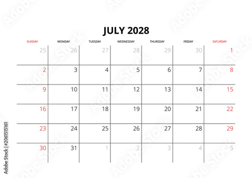 July 2028 English Minimalist Monthly Calendar Template Corporate Schedule Grid Layout