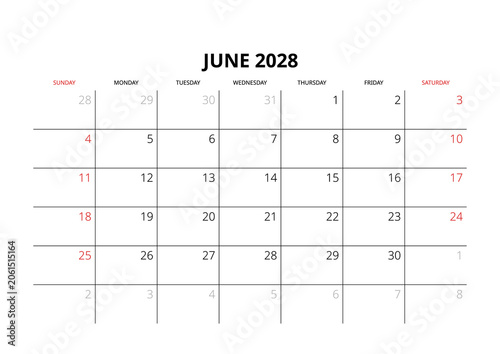 June 2028 English Minimalist Wall Calendar Page Corporate Project Management Layout