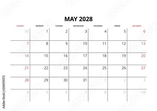 May 2028 English Minimalist Monthly Calendar Template Corporate Schedule Grid Layout