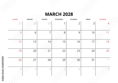 March 2028 English Professional Calendar Grid Clean Minimalist Monthly Planner