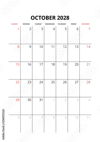 October 2028 English Blank Monthly Planner Grid Clean Business Calendar Template