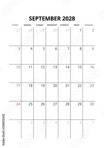 September 2028 English Corporate Monthly Calendar Grid Minimalist Office Organizer Page