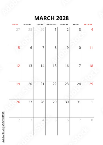 March 2028 English Minimalist Wall Calendar Page Corporate Project Management Layout