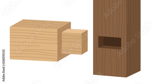 Flat minimal vector illustration of mortise and tenon wooden joint with separated assembly view, traditional carpentry engineering concep
