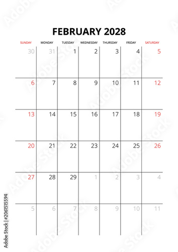 February 2028 English Corporate Monthly Calendar Grid Minimalist Office Organizer Page