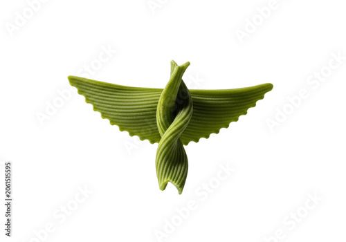 A single piece of green twisted pasta shaped like a bird isolated on transparent background