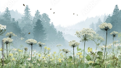 Wildflowers bloom vibrantly in a misty meadow bordering a dense forest expanse.